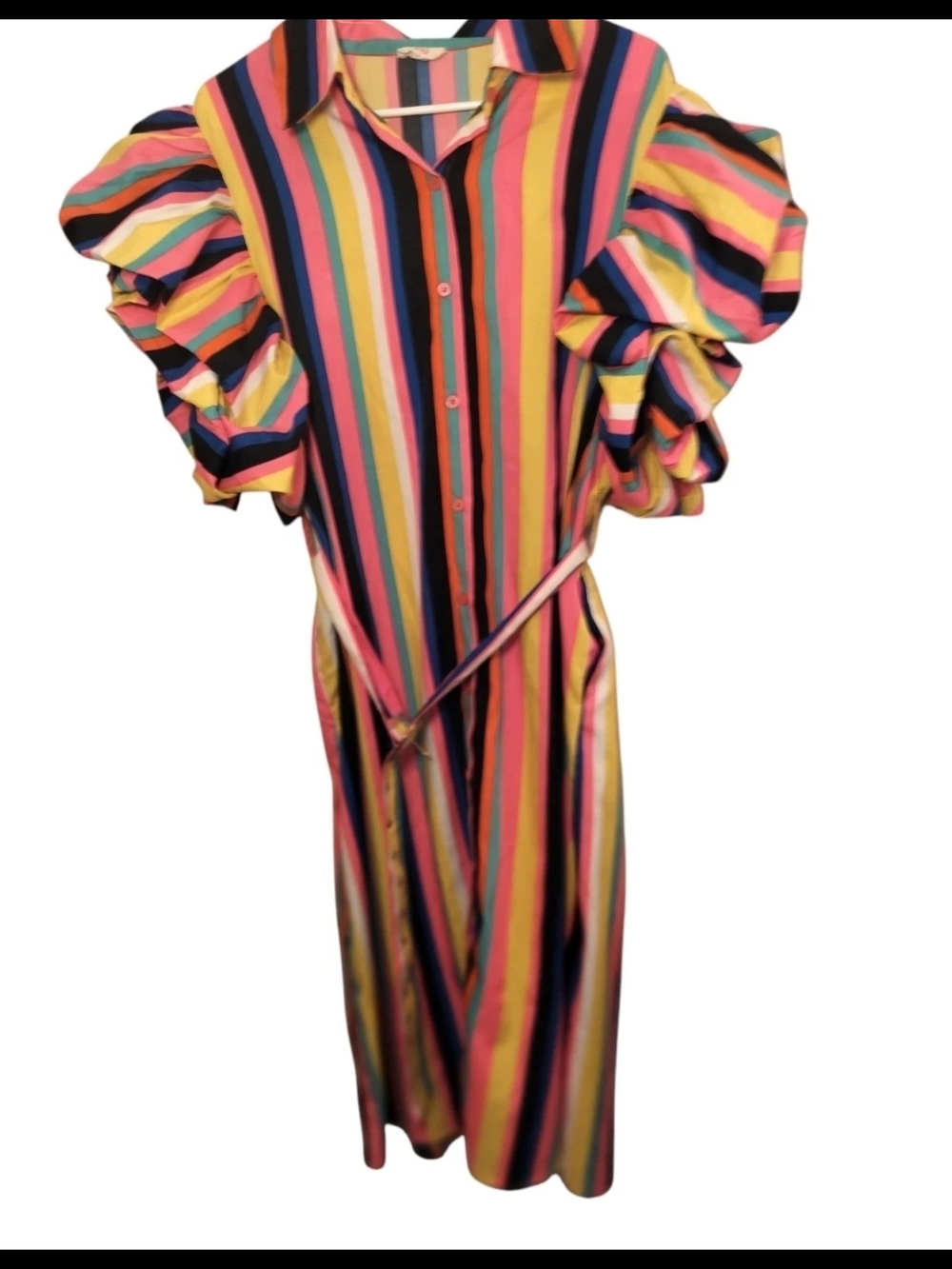 Multicolor Stripe Midi Shirt Dress with Puff Sleeves